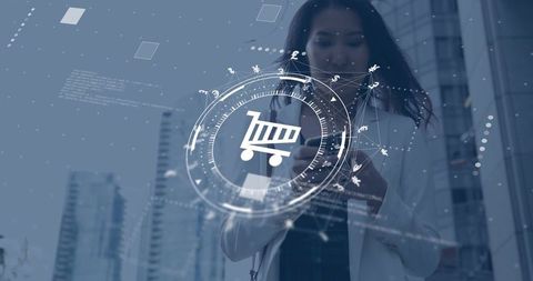 Businesswoman using smartphone with floating shopping cart and futuristic digital overlay
