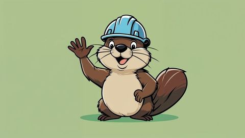 Friendly cartoon beaver wearing blue construction helmet waving