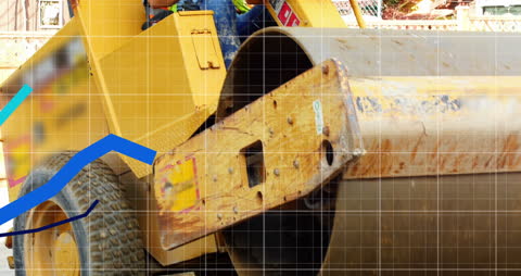 Geometric Patterns Overlaying Road Roller at Construction Site