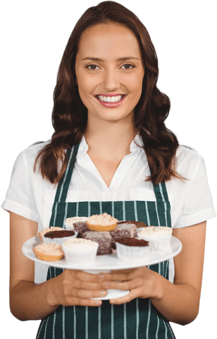cheerful woman holding desserts on glass plate transparent background - Download Free Stock Videos Pikwizard.com