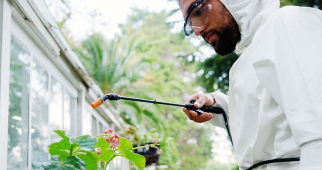 Agricultural worker wearing a protective suit and safety glasses, spraying pesticide on a plant in a greenhouse. Ideal for use in content related to agriculture, farming, greenhouse management, pest control solutions, and workplace safety practices.