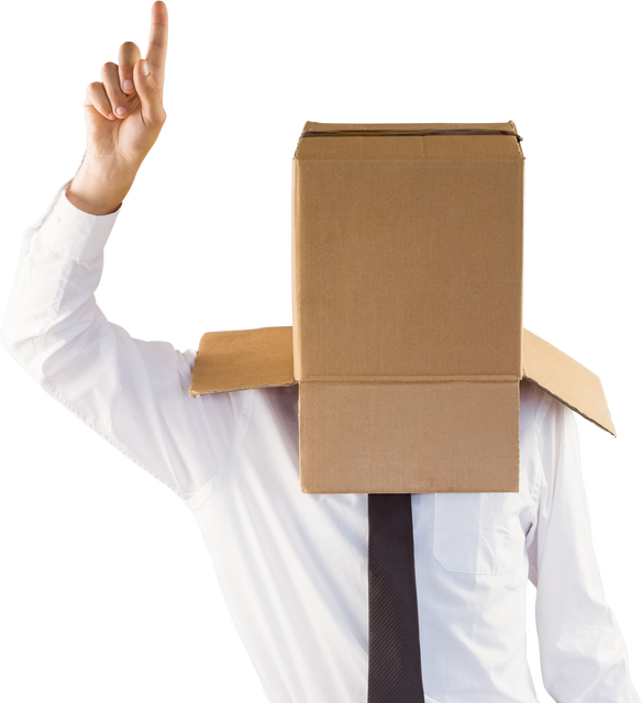 Transparent isolated businessman with cardboard box on head pointing finger up - Download Free Stock Videos Pikwizard.com