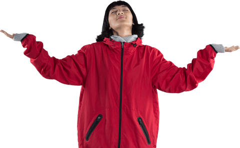 Joyful woman in red jacket with outstretched arms transparent background