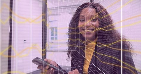 Businesswoman Using Smartphone in Futuristic Digital Environment