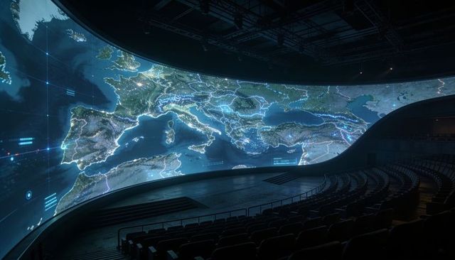 Immersive curved led map theater showing europe night lights and geospatial visualization