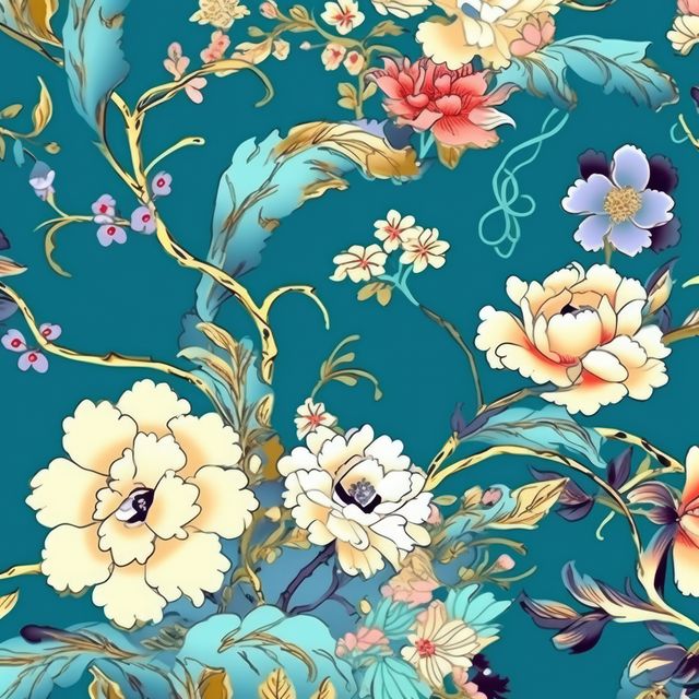 Elegant floral pattern featuring vibrant flowers and twisting leaves on a teal background. Ideal for use in textile design, wallpaper, and decorative purposes. Can be utilized in packaging, stationary, and as background for artistic projects.