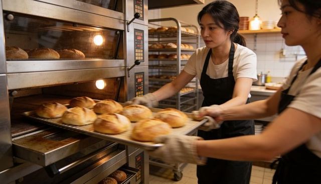 Bakers removing fresh artisan bread from commercial oven in busy bakery kitchen