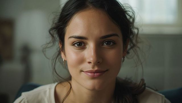Sitting young woman gazing at camera wearing small hoop earrings bathed in window light