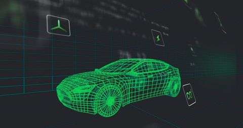 Futuristic Electric Car Simulation with Digital Technology Icons