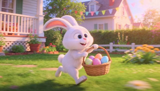 Playful white bunny running with woven basket of colorful easter eggs in sunny suburban garden