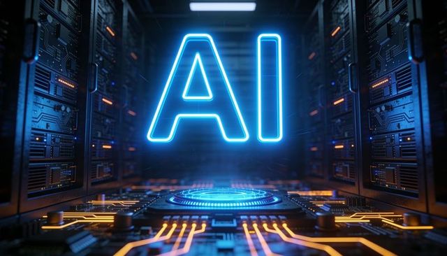Glowing ai hologram hovering above circuitry in futuristic data center server rack