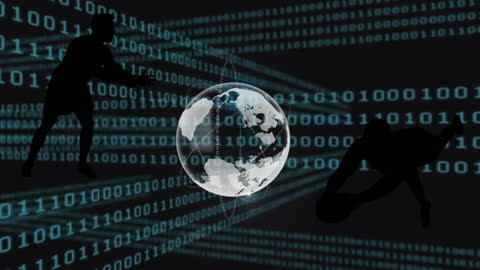 Digital Data Transmission in Global Context with Rugby Play Silhouettes