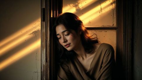 Woman leaning by window in atmospheric glowing light - shy concept