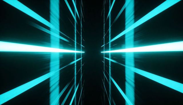 Hyperlight cyan corridor racing toward vanishing point in neon cyber grid perspective