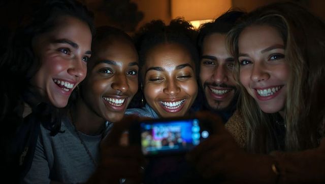 Diverse Group of Friends Taking Evening Selfie Together Indoors