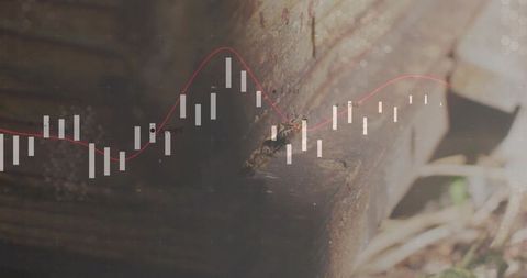 Candlestick chart overlay on rustic wooden beam