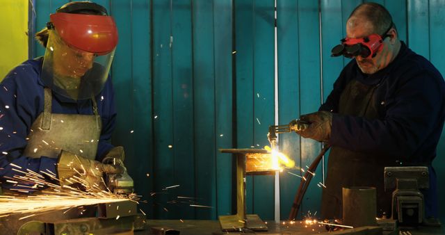 Industrial Workers Cutting and Welding Metal in Workshop - Download Free Stock Images Pikwizard.com