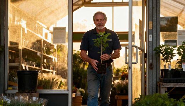 Senior gardener carrying small tree with root ball through greenhouse doorway at golden hour