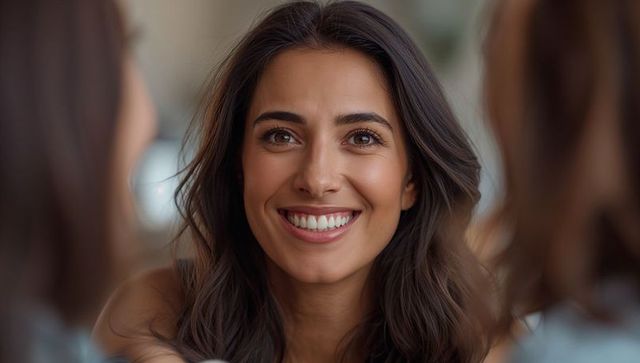 Confident woman smiling, making eye contact close-up headshot for lifestyle wellness