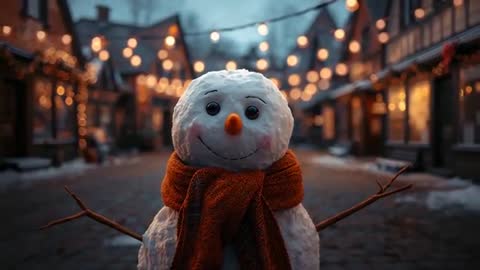 Snowman with Orange Scarf on Festive Street at Dusk