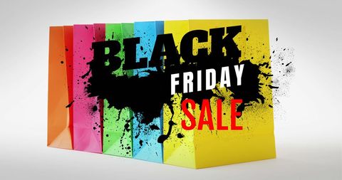 Black friday shopping bags with vibrant paint splash design