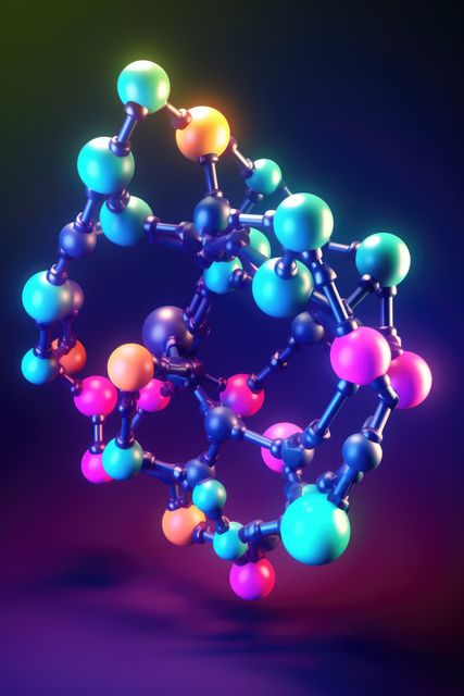 Colourful atoms forming molecular structure, created using generative ai technology. Science, nature, matter, model and structure concept digitally generated image.