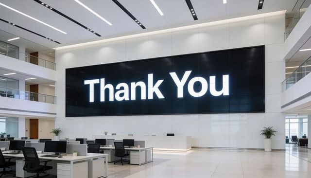 Minimalist corporate lobby showing thank you on massive led wall above sleek reception