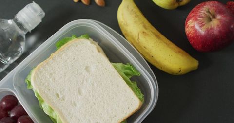 Healthy packed lunch with fruits and vegan sandwich