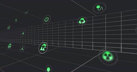 Futuristic digital tunnel with eco-friendly icons in virtual space