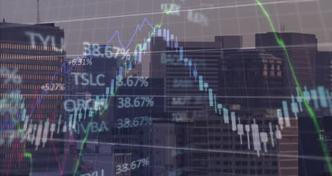 Digital Financial Graphs Overlay on Urban Cityscape