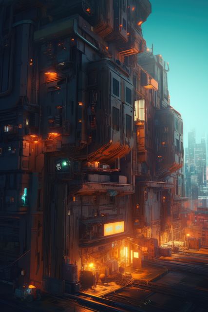 Street view with futuristic buildings at dusk in cityscape, created using generative ai technology. Sci fi, cyberpunk, fantasy architecture and futuristic city concept digitally generated image.