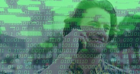 IT Professional Talking on Smartphone with Binary Codes Overlay