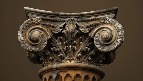 Ornate corinthian column capital featuring volutes, acanthus leaves and weathered patina