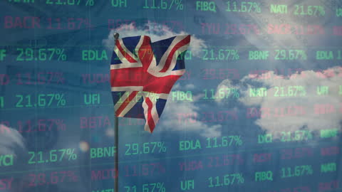 UK Flag Overlaid with Digital Stock Market Data Background