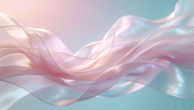 Flowing iridescent ribbons dancing in pastel gradient with pearlescent shimmer