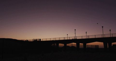 Twilight pier silhouette featuring lamp posts, birds and gradient sky over beach horizon