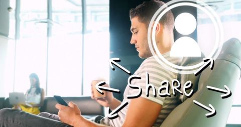 Businessman Engaging with Social Media on Smartphone with Share Symbol