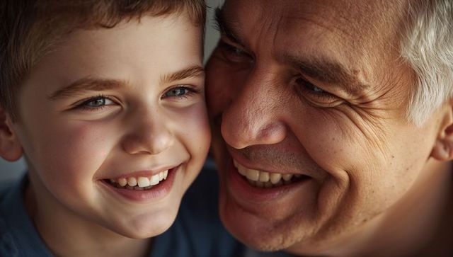 Grandfather and grandson sharing joyful closeup smiles — warm generational bond portrait
