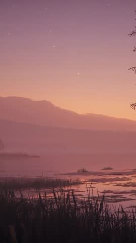 Handheld vertical video capturing tranquil marsh at dusk with reeds and mountain ridges