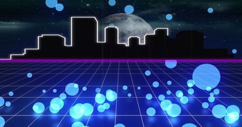 Outlining Neon Skyline Over Retro Grid With Floating Blue Orbs and Moonlit Horizon