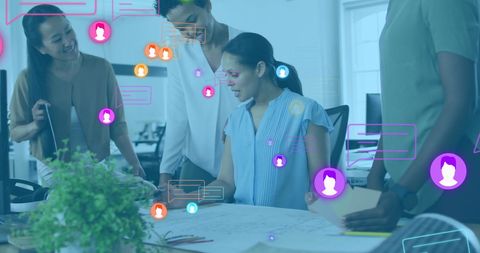 Diverse Team Discussing Innovative Ideas with Digital Interface Overlay