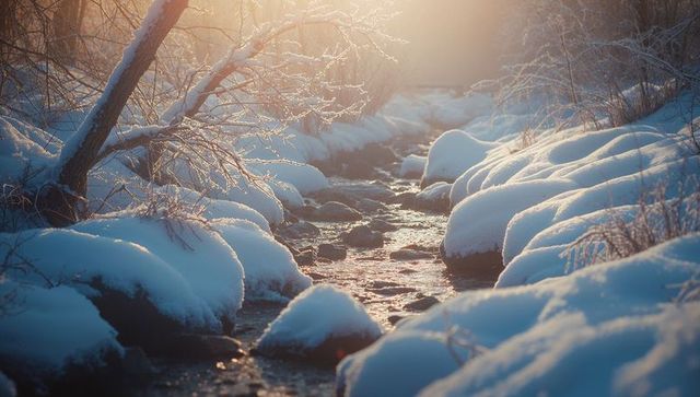 Sunlit Winter Creek Meandering Through Snowy Forest