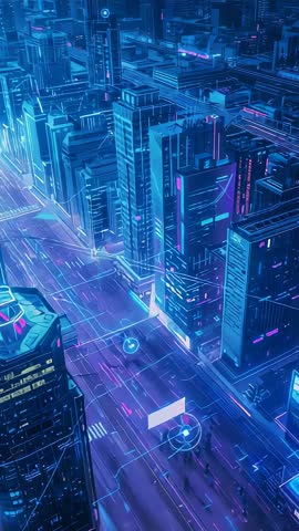 Vertical panning over neon cyberpunk metropolis revealing holographic markers and towers