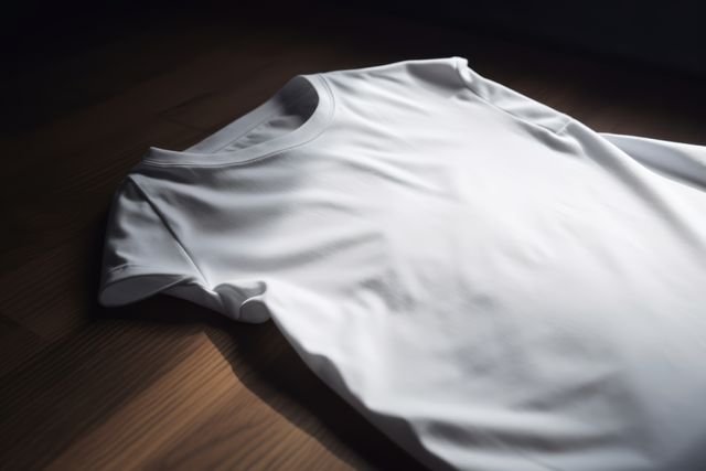 Crisp white T-shirt lying on a wooden surface in soft lighting, showcasing its simplicity and elegance. Ideal for use in fashion blogs, e-commerce catalogs, or promotional material for clothing brands emphasizing minimalist style and casual wear aesthetics.
