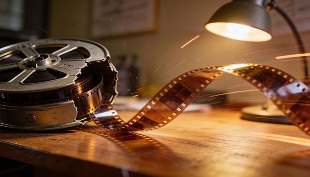 Damaged 35mm film reel unspooling on wooden desk with warm lamp glow and sparks