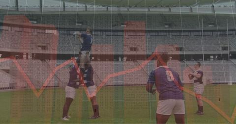 Rugby Teamwork and Strategy Concept Overlayed with Data Graphs