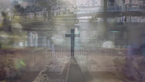 Digital Cross Overlay on Cityscape with Circuit Board Theme