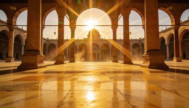Golden sunburst framing marble courtyard dome through symmetrical arches during sunrise