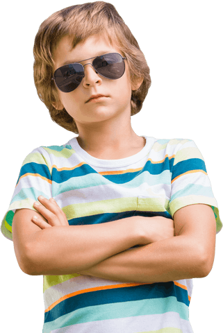 Confident Young Boy in Striped Shirt with Sunglasses Transparent Background