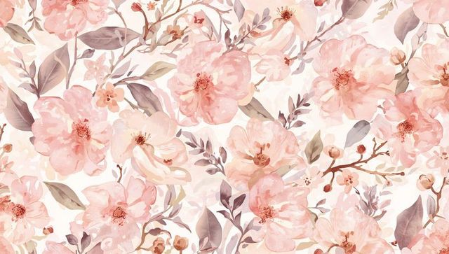 Blooming peach watercolor floral pattern featuring sage leaves for vintage wallpaper and textile